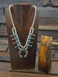 Sterling Silver Turquoise Squash Blossom Necklace and Earring Set by Phil and Lenora Garcia - 18 in.