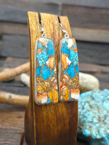 Louise Pete Turquoise Slab Earrings with Feathers