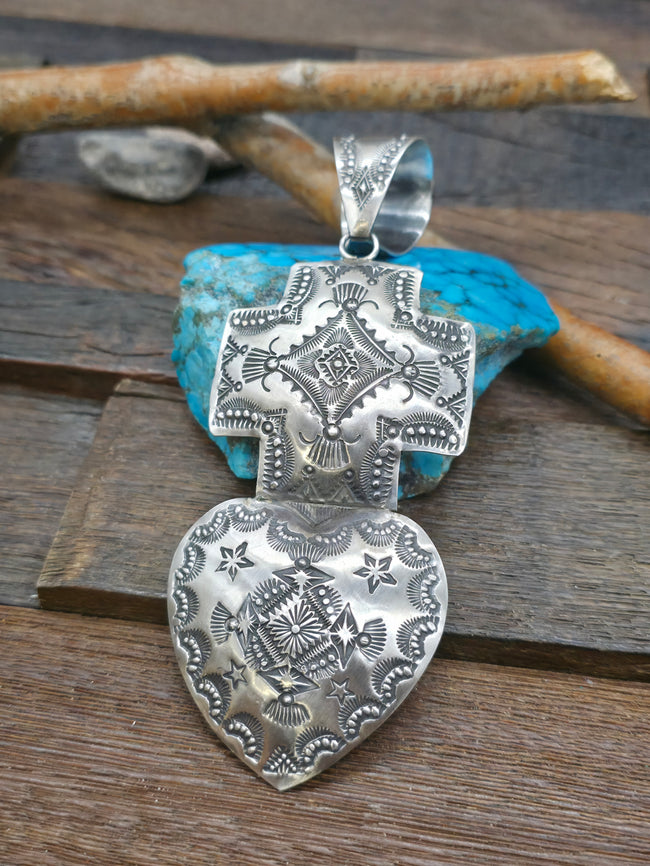Large Stamped Sterling Silver Sacred Heart Pendant by Vincent Platero - 5 1/4 in. by 2 1/4 in.