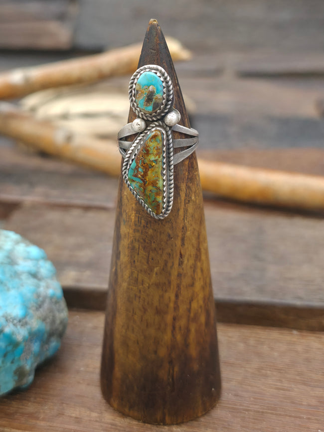 Two Stone Sterling Silver Blue Gem Turquoise Ring by L. Ganado - Size 6