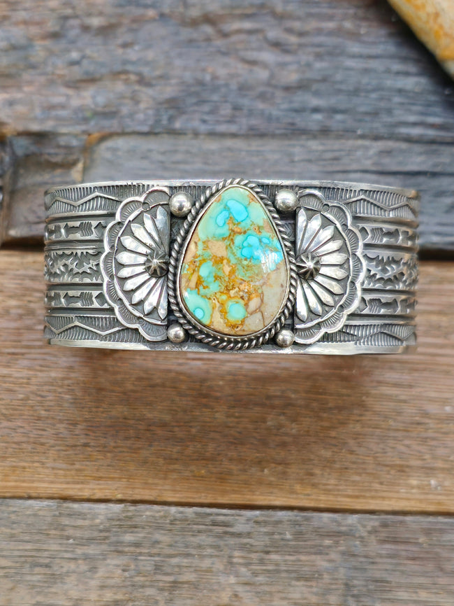 Stamped Sterling Silver Turquoise Cuff by Sunshine Reeves - 7 3/4 in.