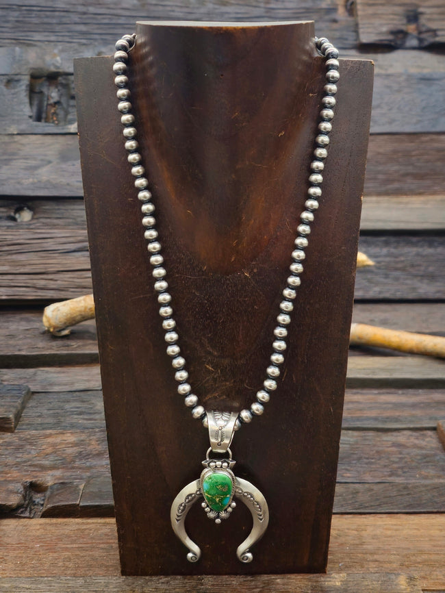 Green Sonoran Turquoise Naja on Oxidized Sterling Silver Bead Necklace by Samuel Yellowhair - 18 in.