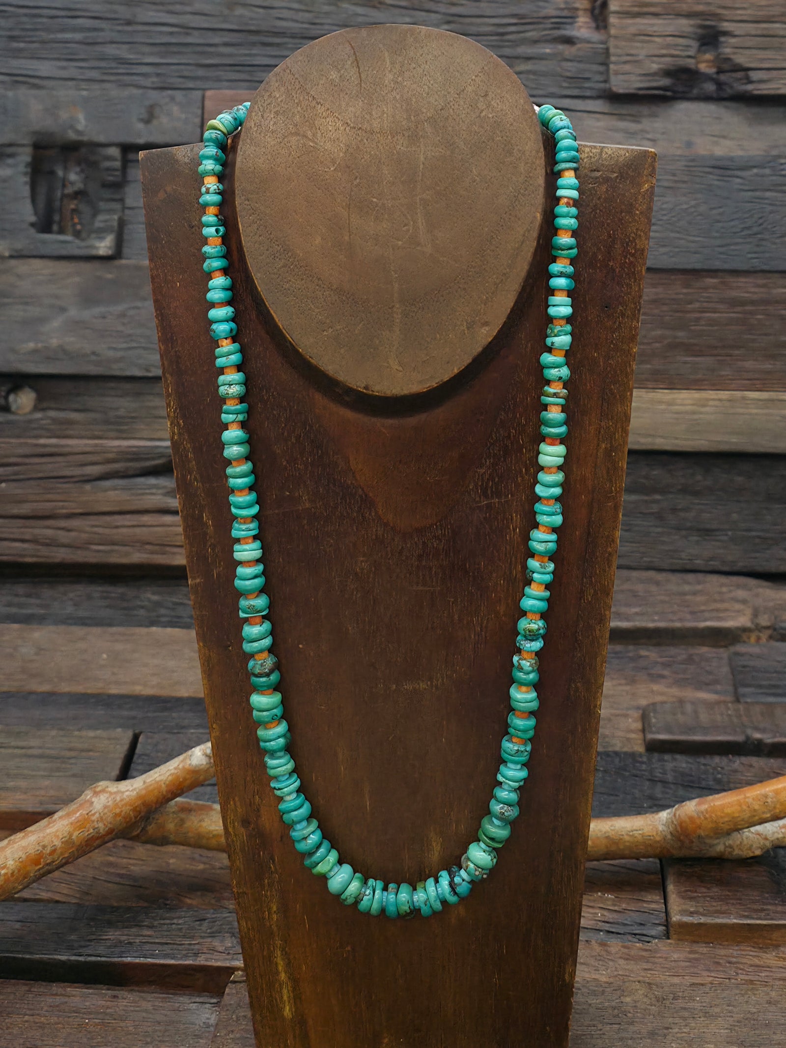 Mixed Turquoise and Apple Coral Necklace - 22 in.