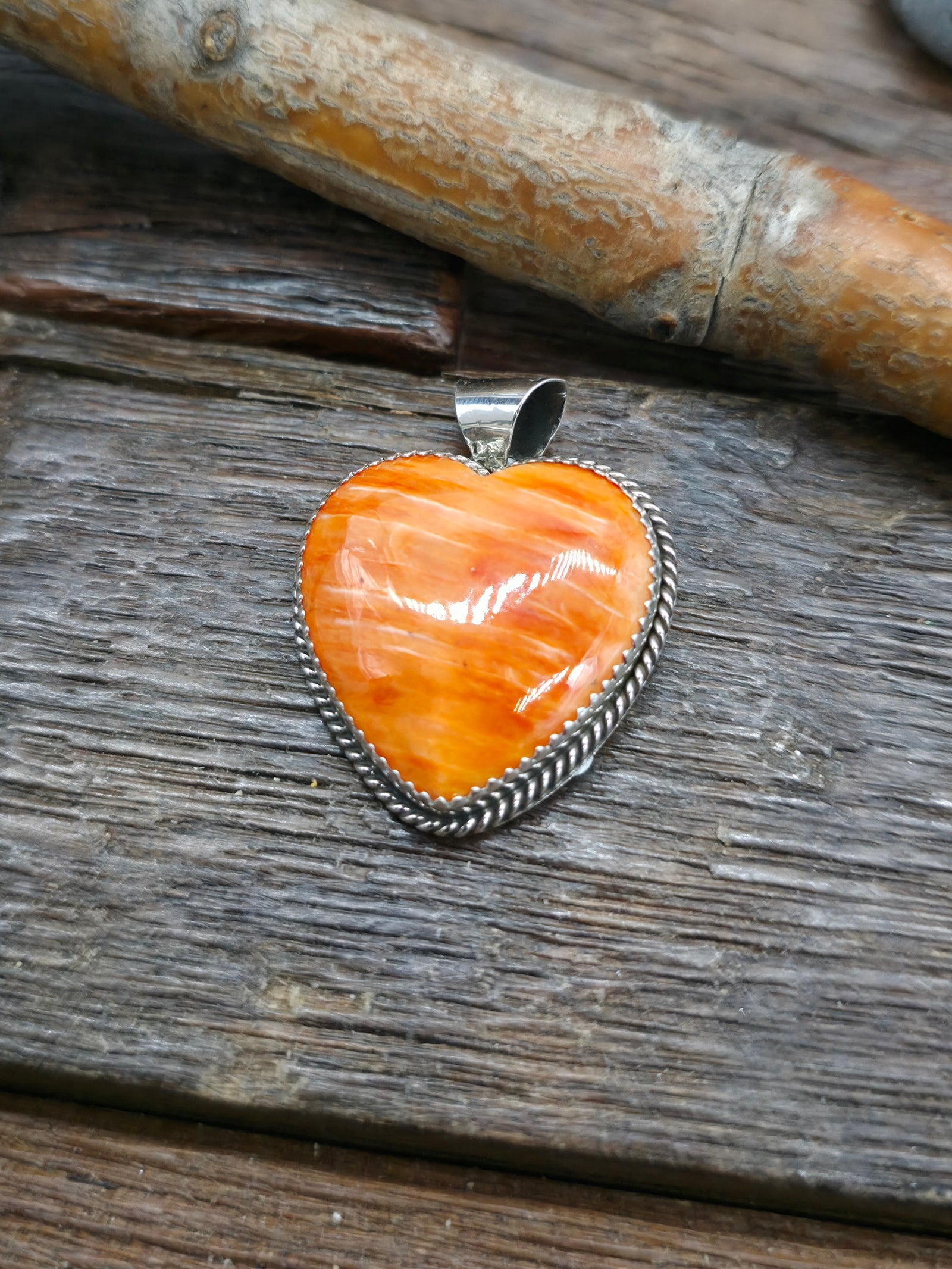 Sterling Silver Orange Spiny Oyster Heart Pendant - 1 1/2 in. by 1 in.