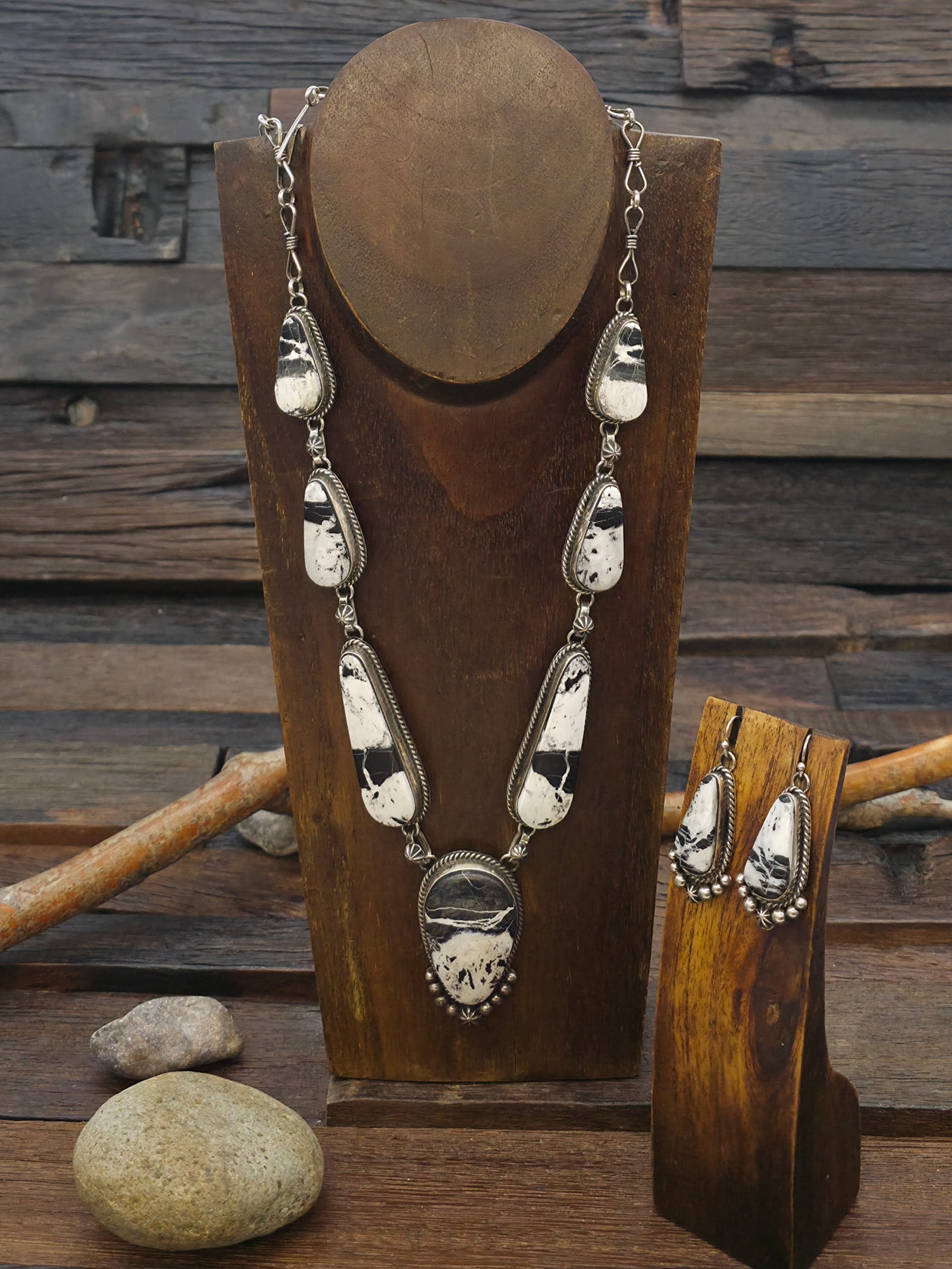 Sterling Silver and White Buffalo Necklace and Earring Set by Rosella Paxton - 27 in.