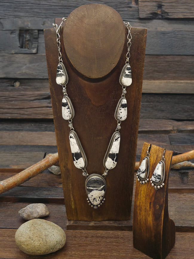 Sterling Silver and White Buffalo Necklace and Earring Set by Rosella Paxton - 27 in.