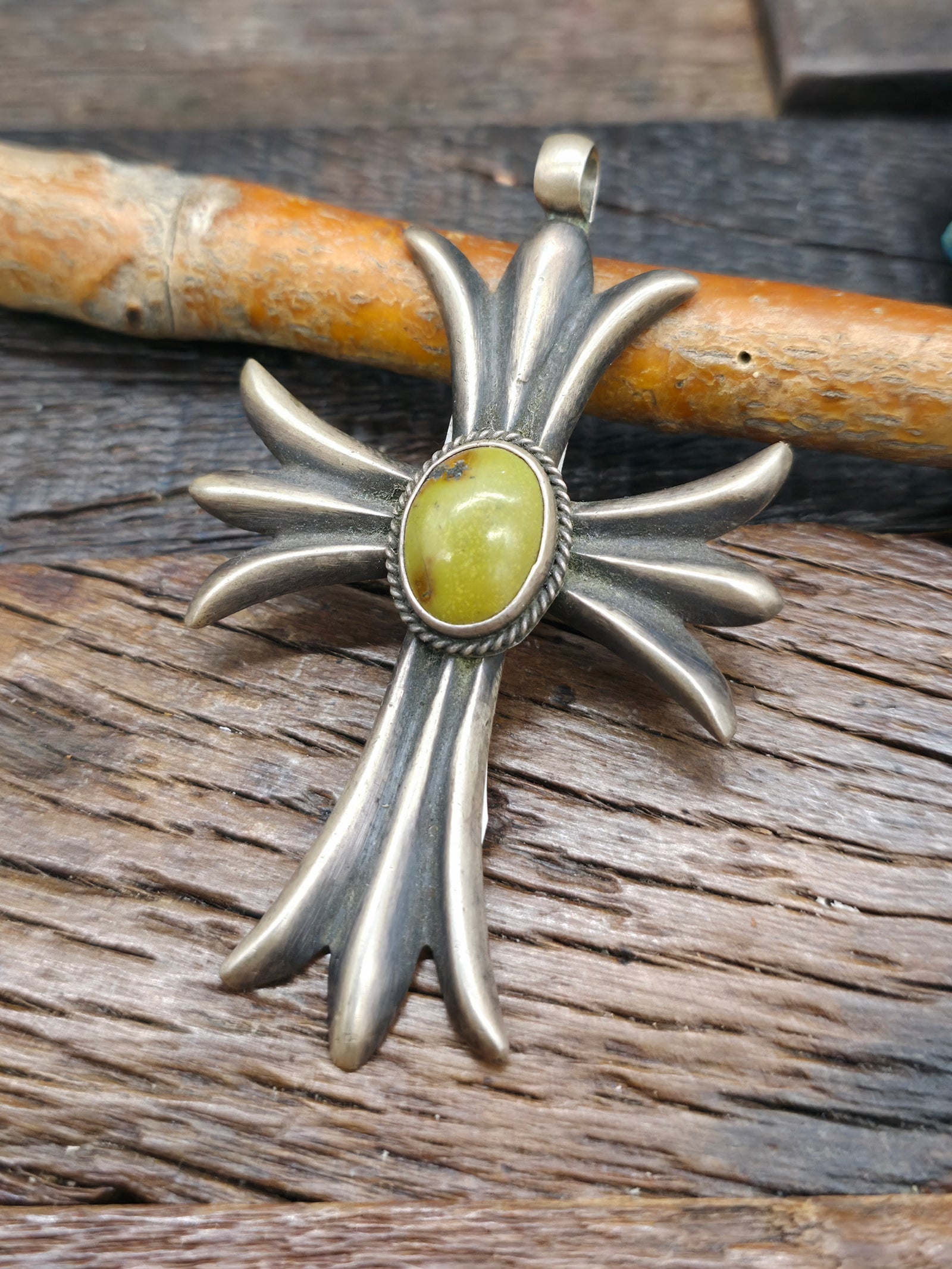 Cast Sterling Silver Turquoise Cross Pendant by Harrison Bitsue - 3 1/4 in. by 2 in.