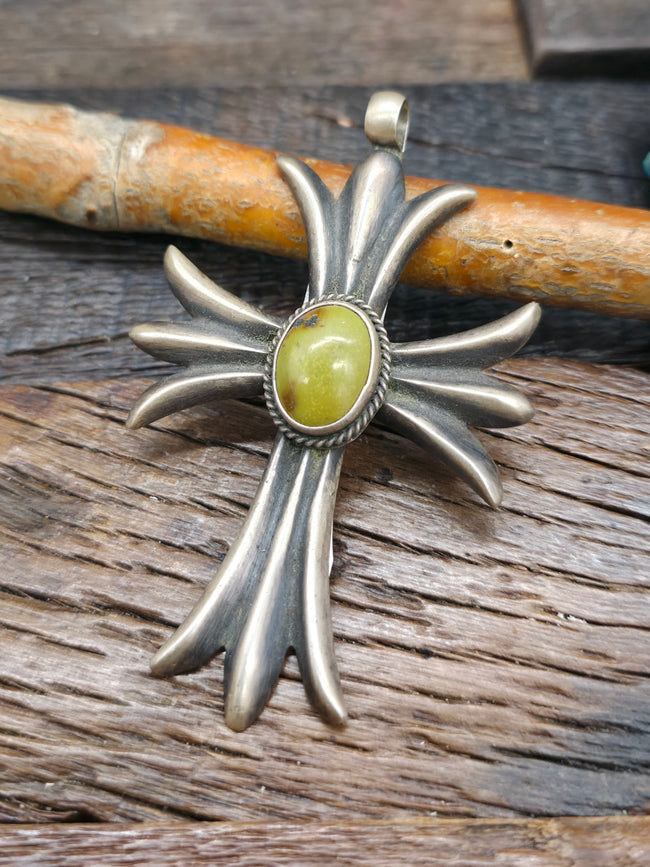 Cast Sterling Silver Turquoise Cross Pendant by Harrison Bitsue - 3 1/4 in. by 2 in.
