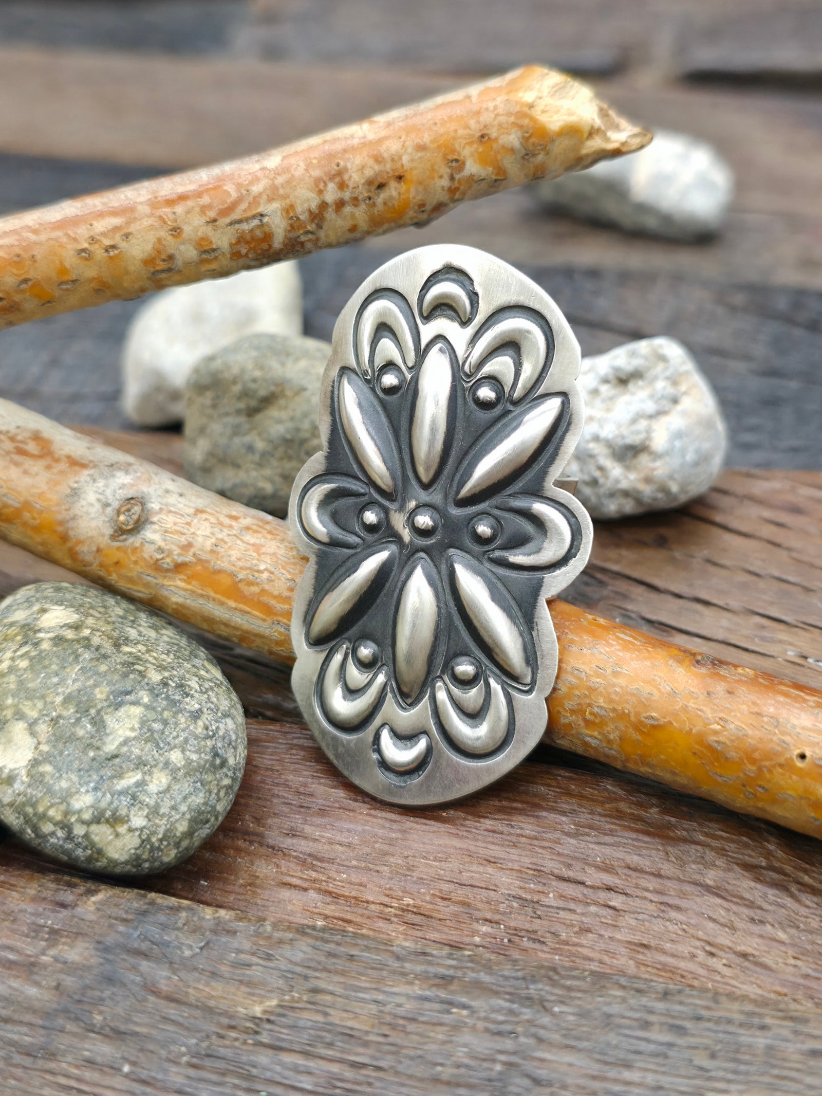 Repousse Stamped Sterling Silver Ring by Leander Tahe - Adjustable