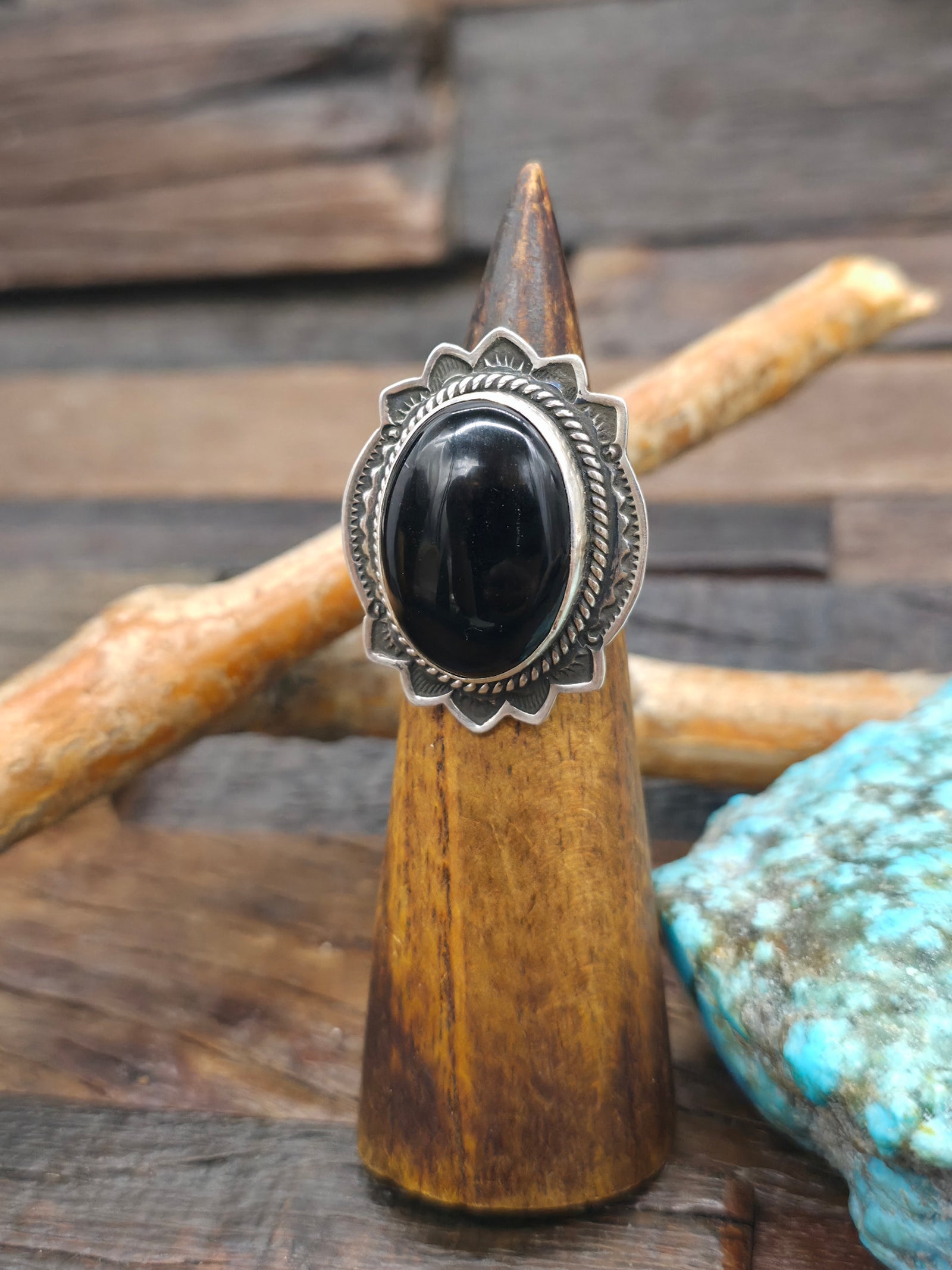 Stamped Sterling Silver Onyx Ring by Happy Piasso - Adjustable
