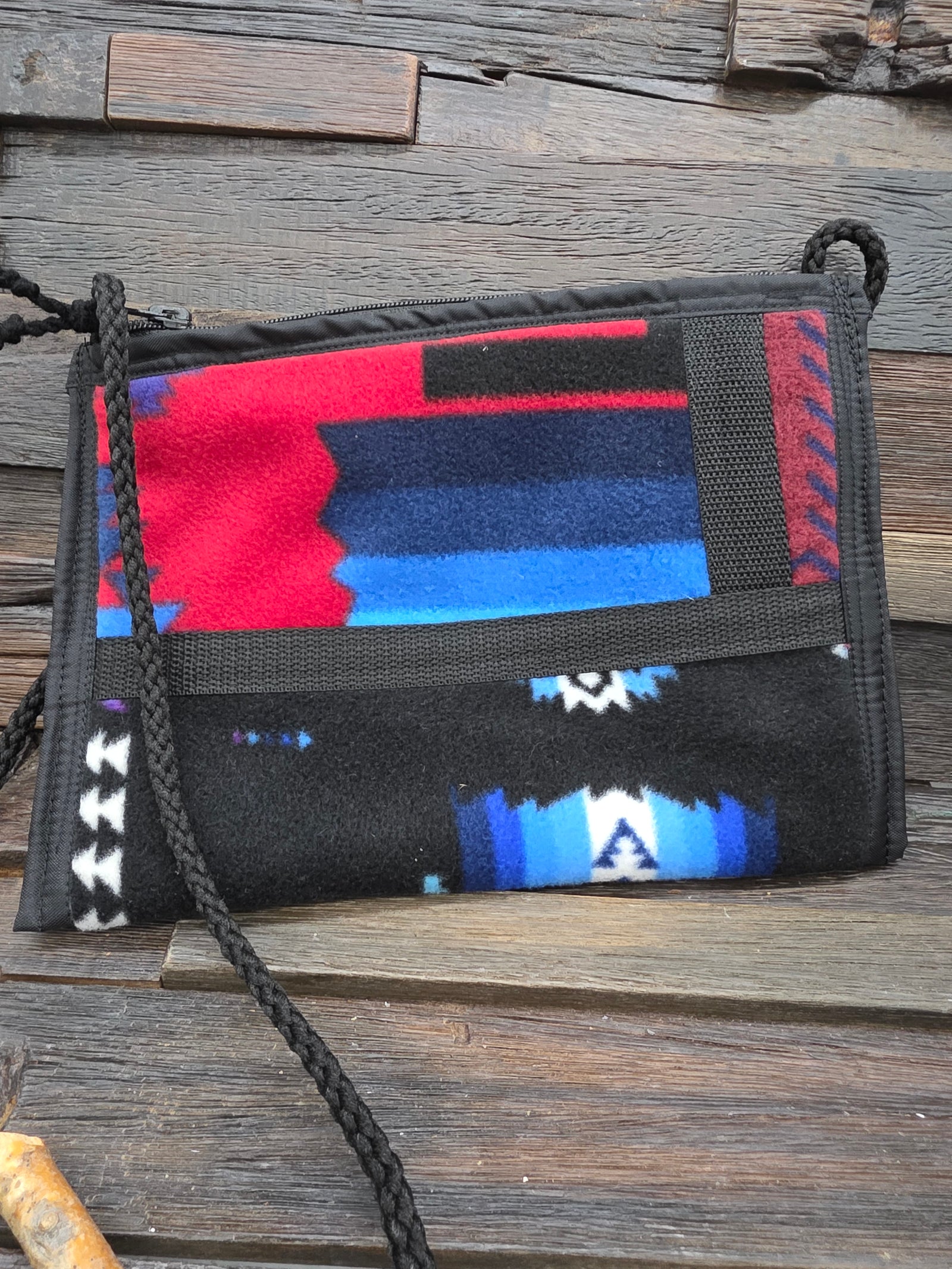 Handmade Blanket Crossbody Purse Blue Black Red by Kathryn Bochinclonny