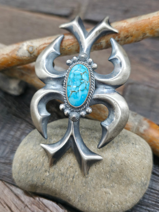 Cast Sterling Silver Kingman Turquoise Buckle by Harrison Bitsue - 3 in. by 1 3/4 in.