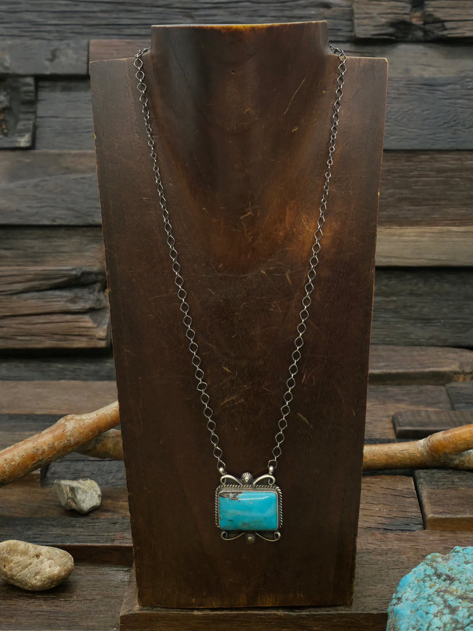 Sterling Silver Turquoise Bar Necklace by "M.B." - 19 in.