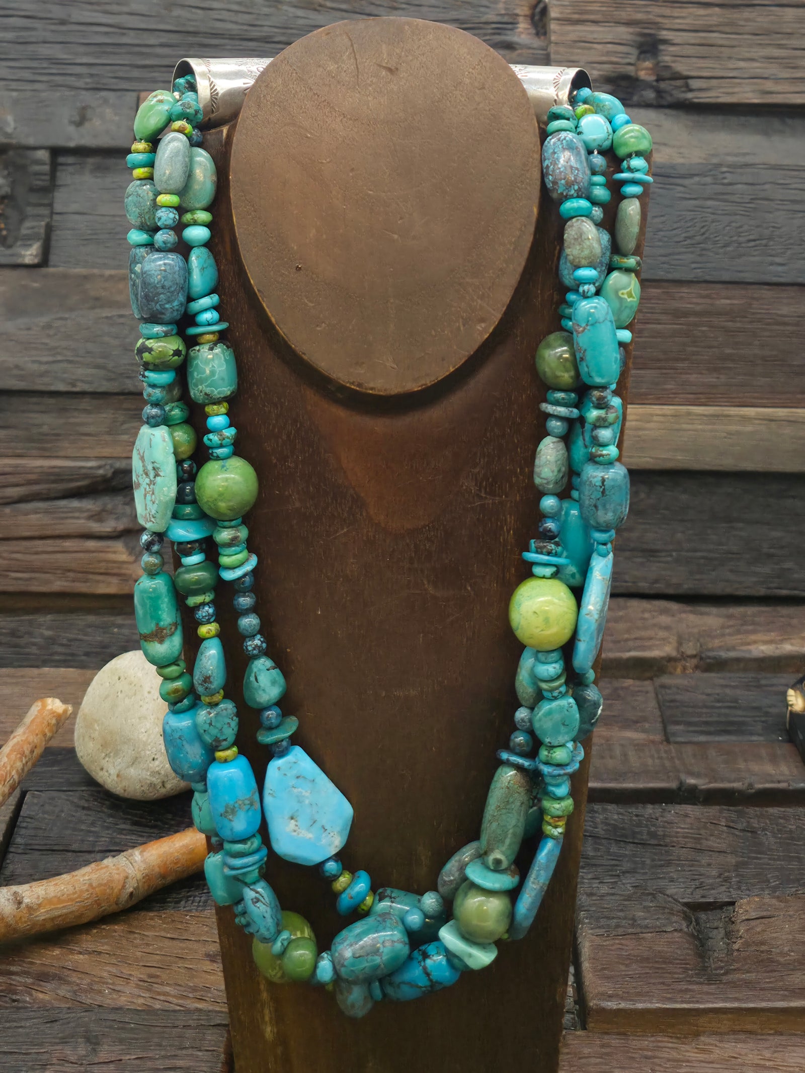 Three Strand Skyhorse Turquoise Mixed Bead Necklace with Stamped Sterling Silver Caps - 24 in.
