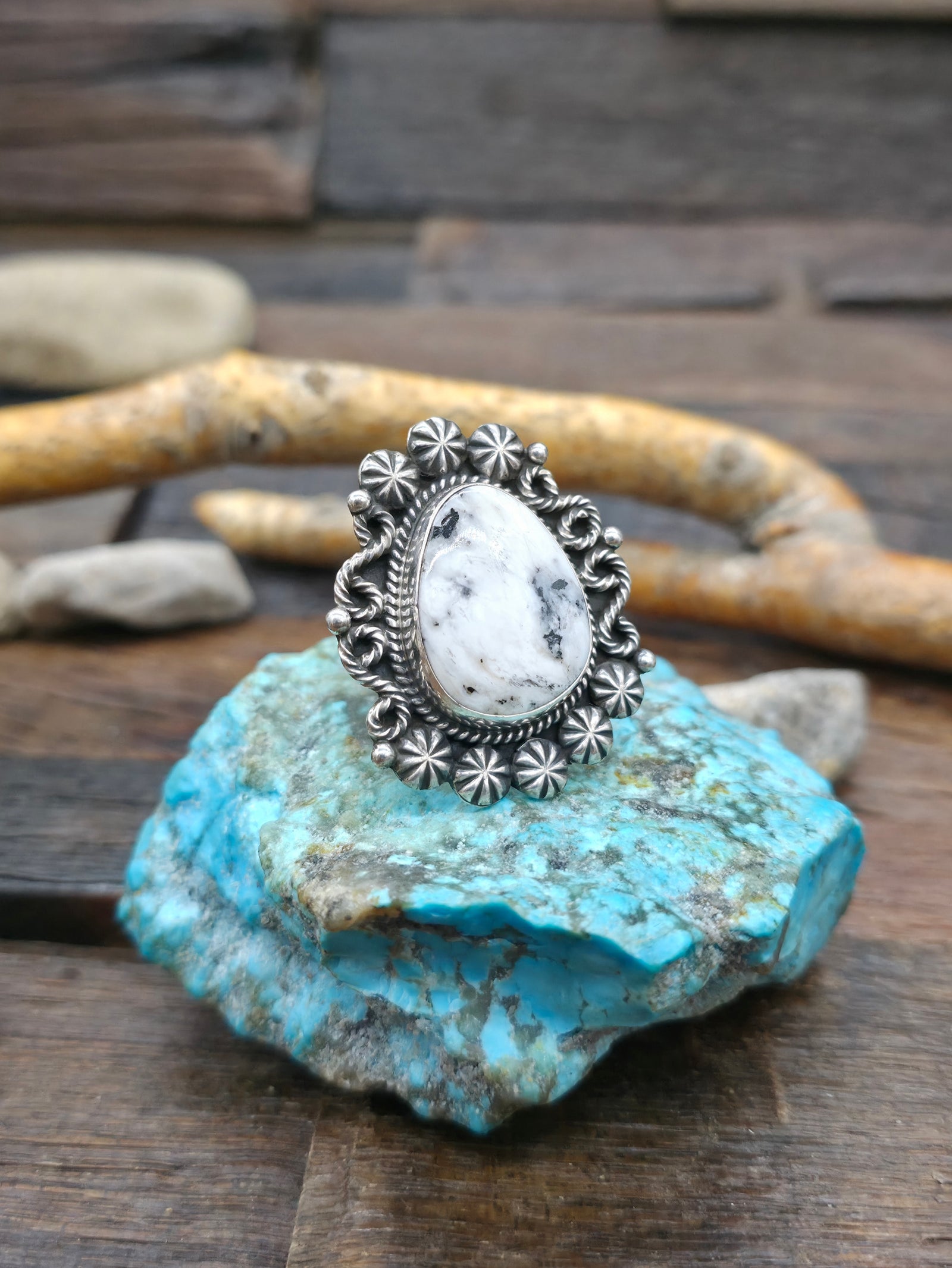 Stamped Sterling Silver White Buffalo Ring by Geneva Apachito - Size 8 1/2