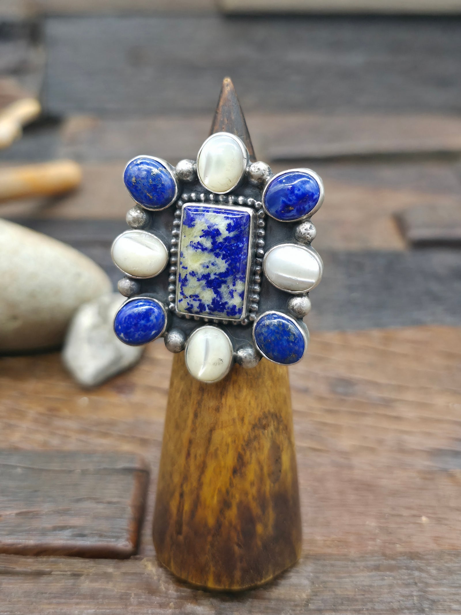 Sterling Silver Lapis and Mother of Pearl Cluster Ring by Randall Enditto - Adjustable