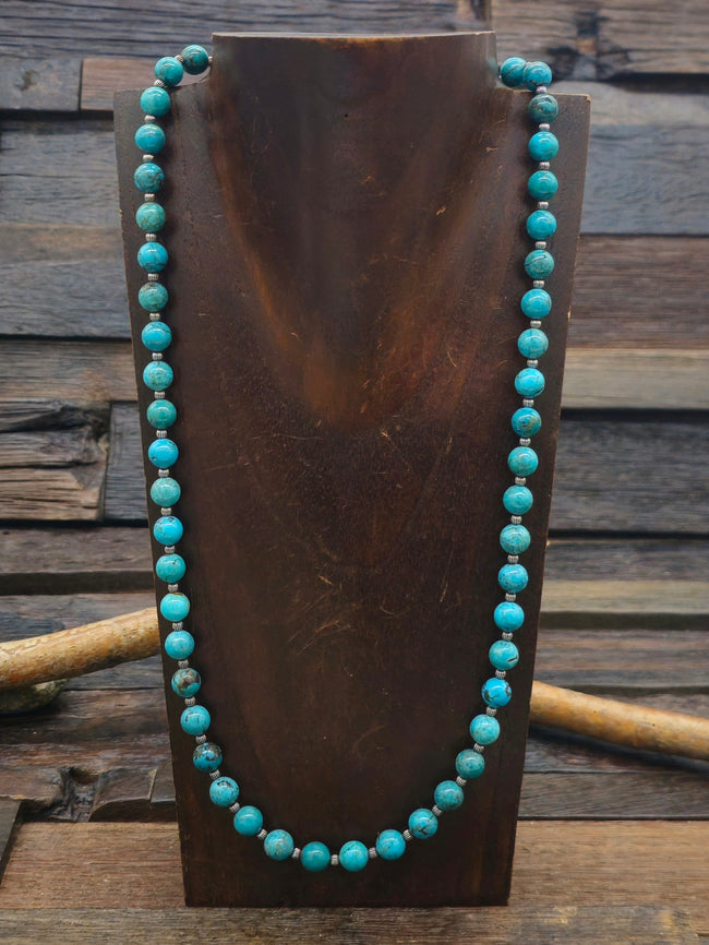 Blue Turquoise and Sterling Silver Bead Necklace - 25 in.