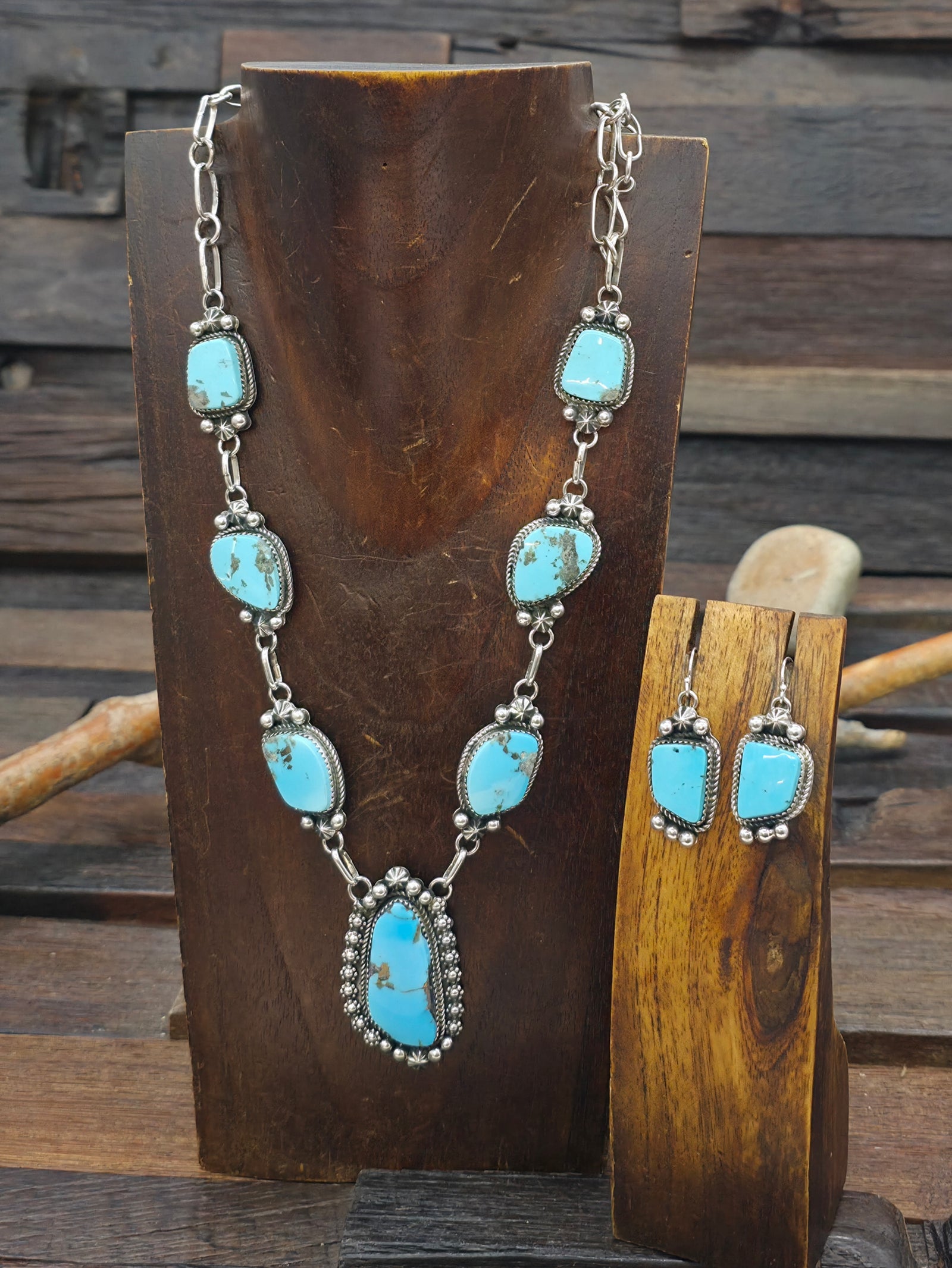 Sterling Silver Kingman Turquoise Lariat Necklace and Earring Set by Rosella Paxton - 26 in.