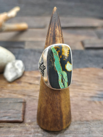 Large Sterling Silver Turquoise Inlay Spiral Ring with Multistone Band by Elliot Coonsis - Size 13