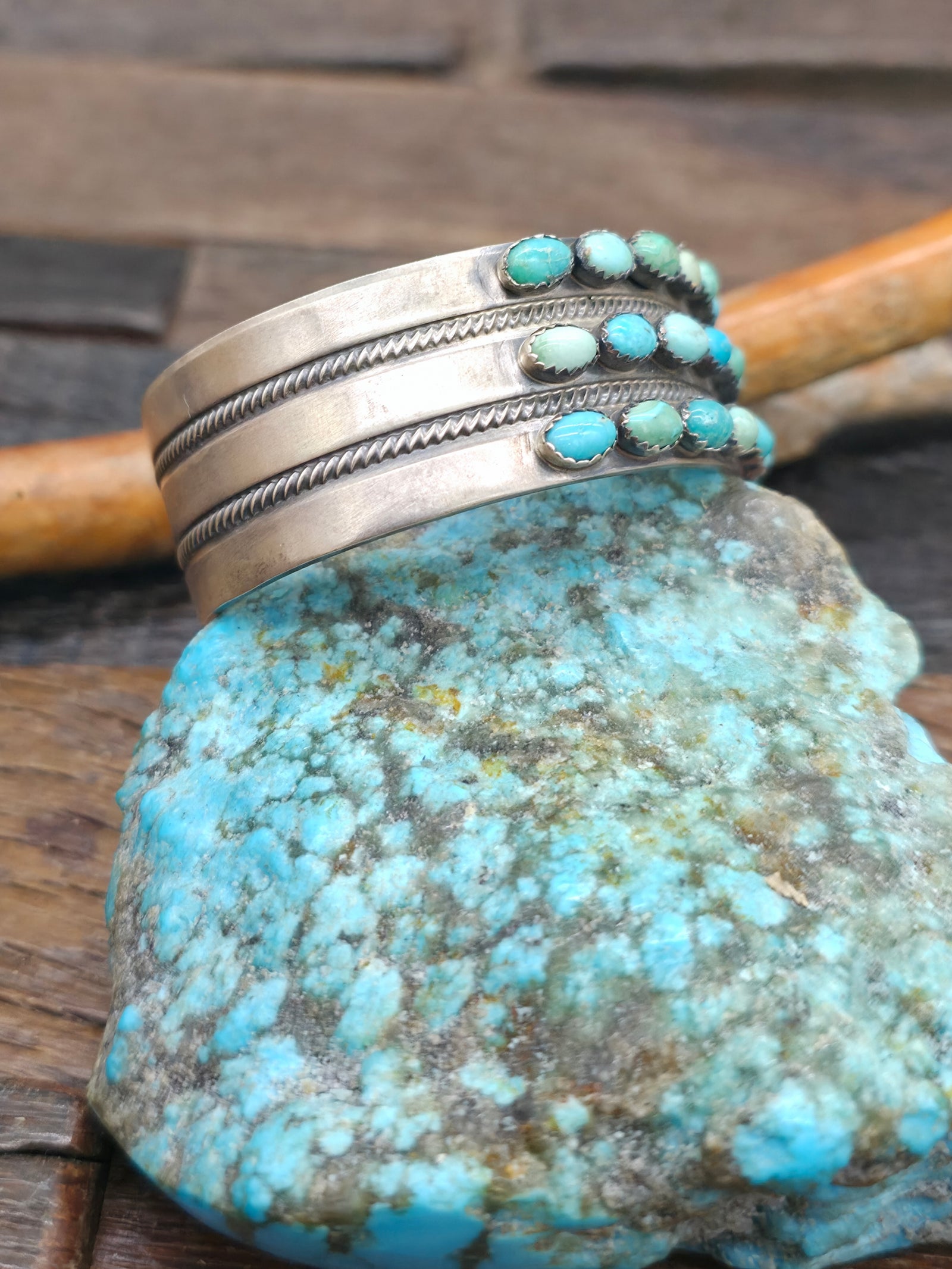 Sterling Silver Turquoise Three Row Bracelet by Paul Livingston - 6 1/2 in. with Gap