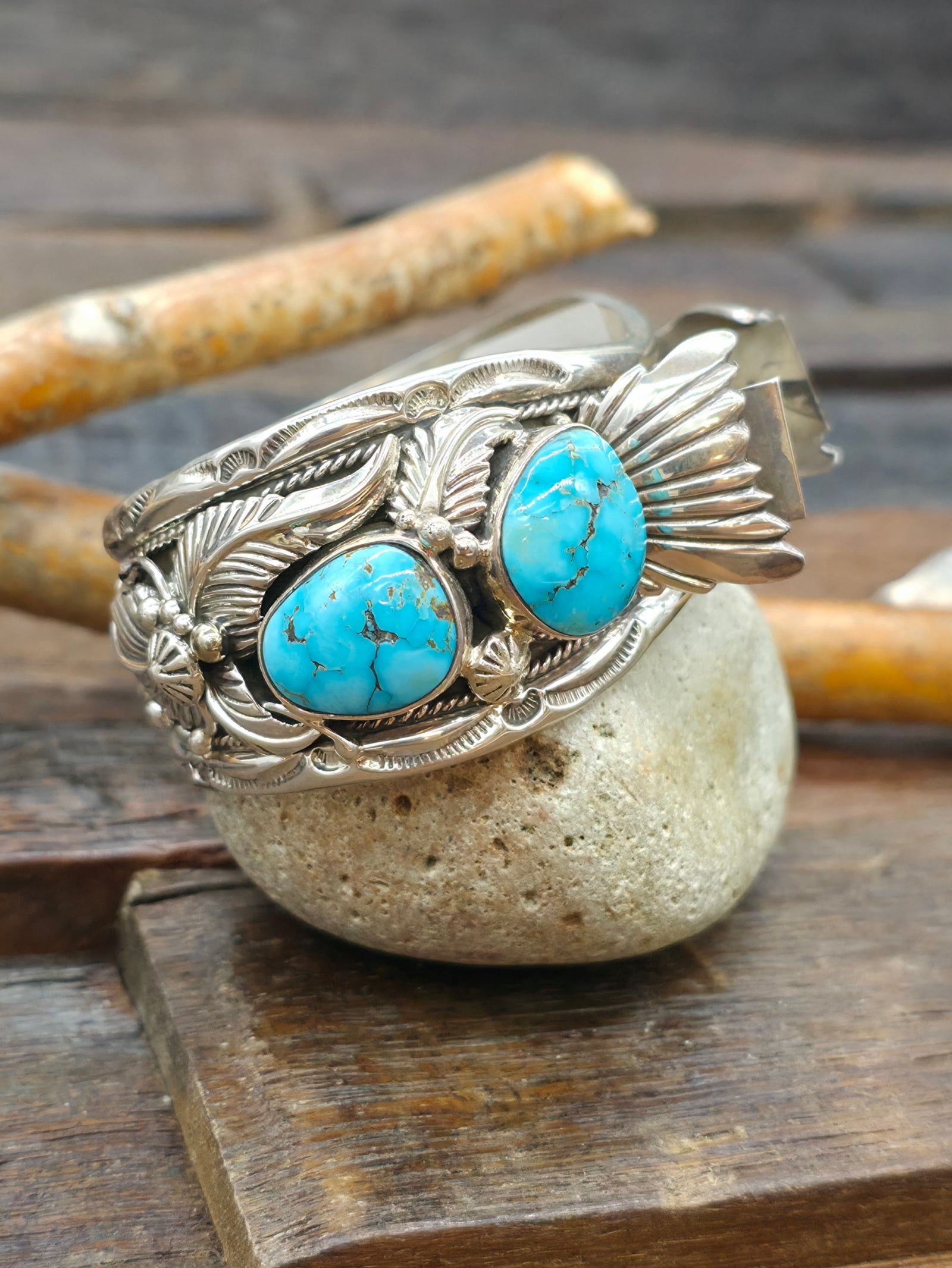 Sterling Silver and Turquoise Leaf Applique Watch Cuff by Delbert Vandever - 6 3/4 in. with Gap