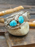Sterling Silver and Turquoise Leaf Applique Watch Cuff by Delbert Vandever - 6 3/4 in. with Gap