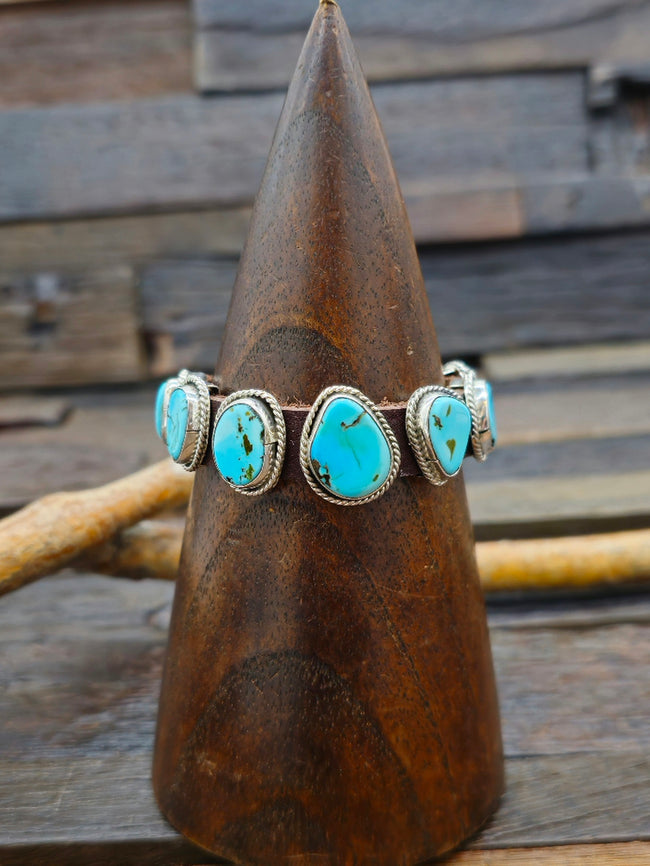Seven Stone Turquoise Leather Buckle Bracelet