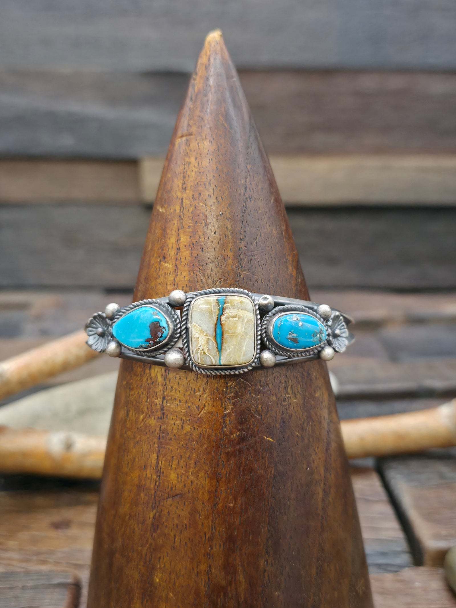 Three Stone Sterling Silver Blue Gem Boulder Turquoise Cuff Bracelet by LaRose Ganadanegro - 6 1/2 in. with Gap