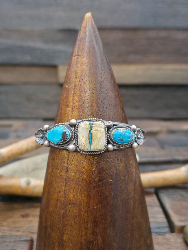 Three Stone Sterling Silver Blue Gem Boulder Turquoise Cuff Bracelet by LaRose Ganadanegro - 6 1/2 in. with Gap