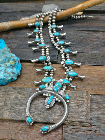 Vintage/Estate Sterling Silver Kingman Turquoise Squash Blossom Necklace by R. Bahe - 28 in.