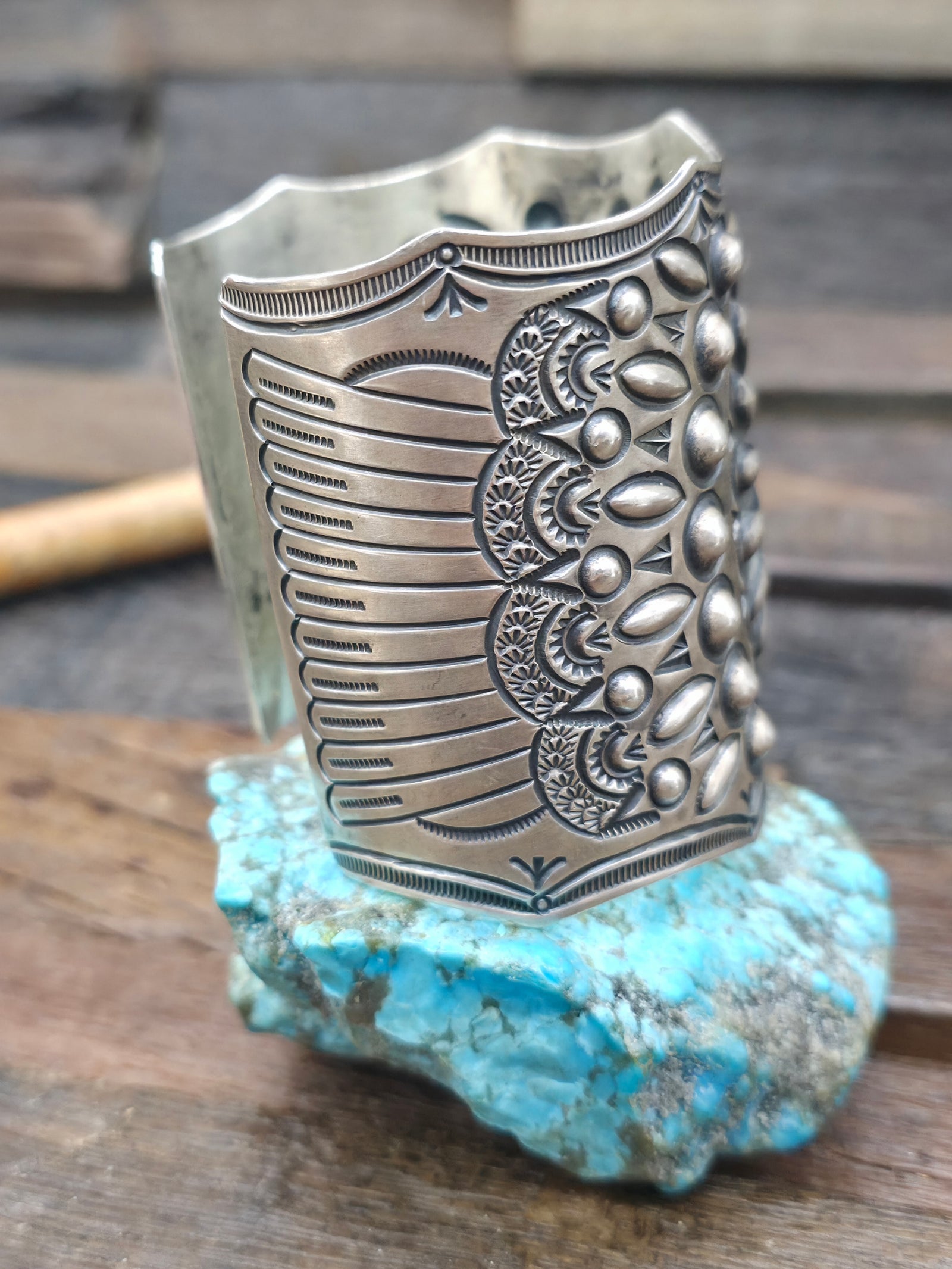 Stamped Sterling Silver Cuff by Arnold Blackgoat - 7 in. with Gap