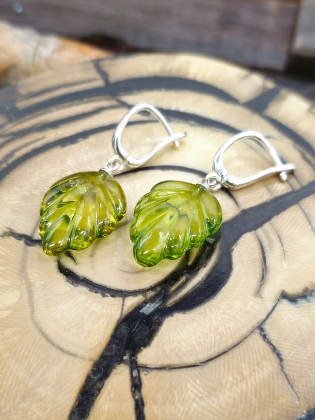 Green Lithuanian Amber Carved Leaf Earrings NON-NATIVE MADE