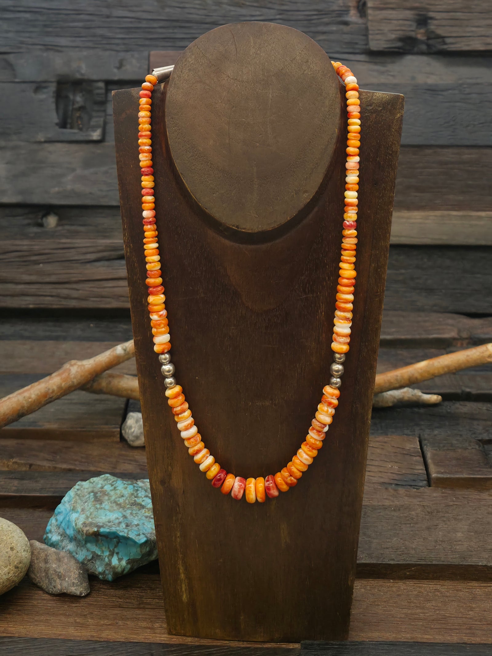 Graduated Orange Spiny and Sterling Silver Bead Necklace - 20 in.