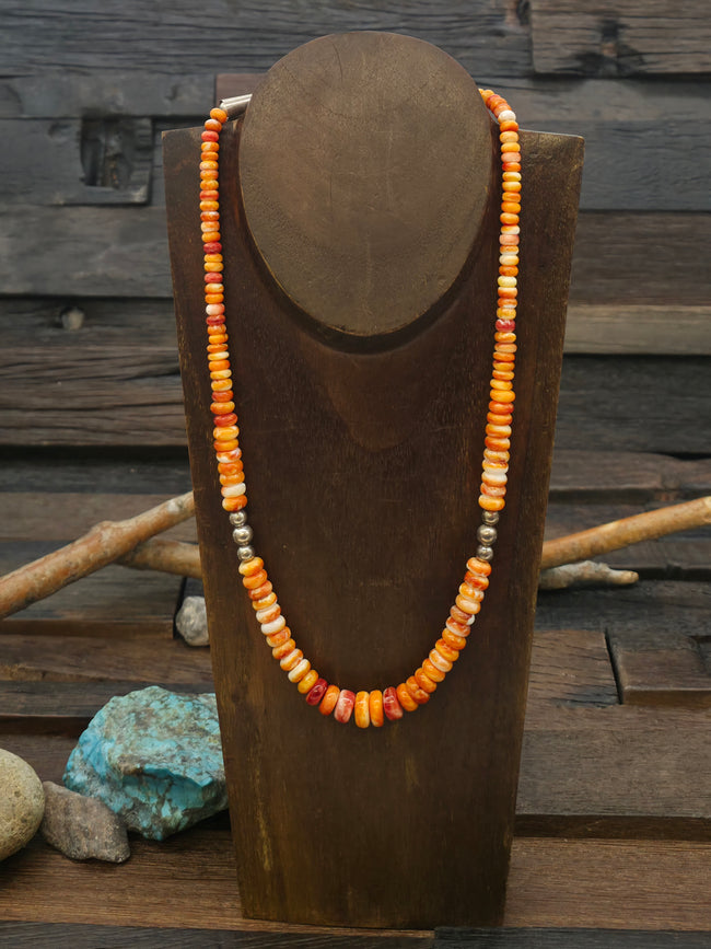 Graduated Orange Spiny and Sterling Silver Bead Necklace - 20 in.