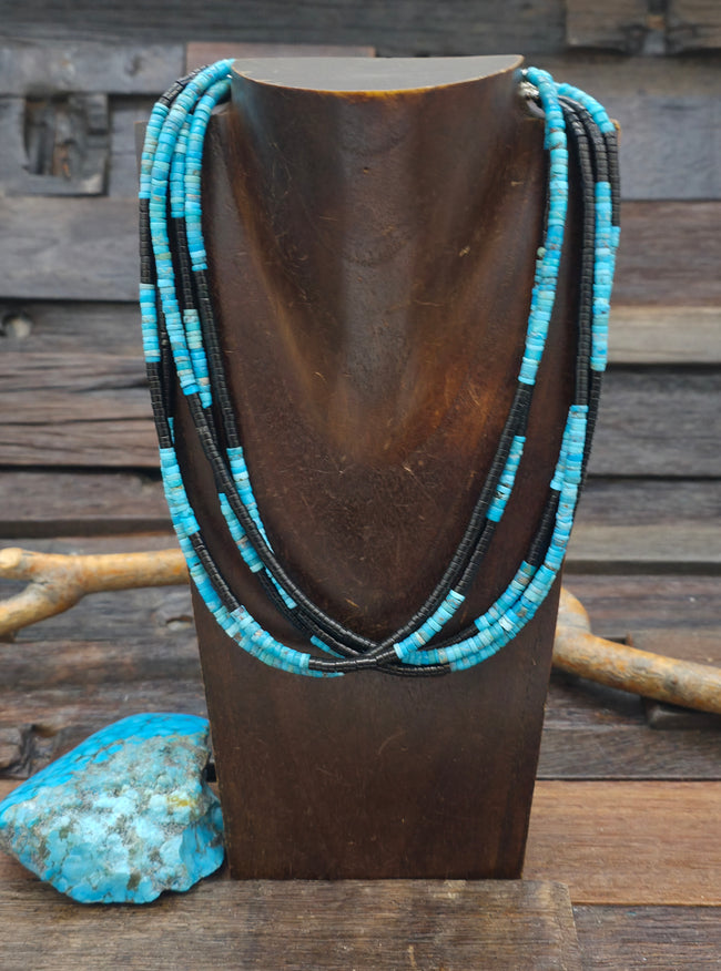 5 Strand Jet and Turquoise Necklace 18in w/6in Extender by Fred Archuleta
