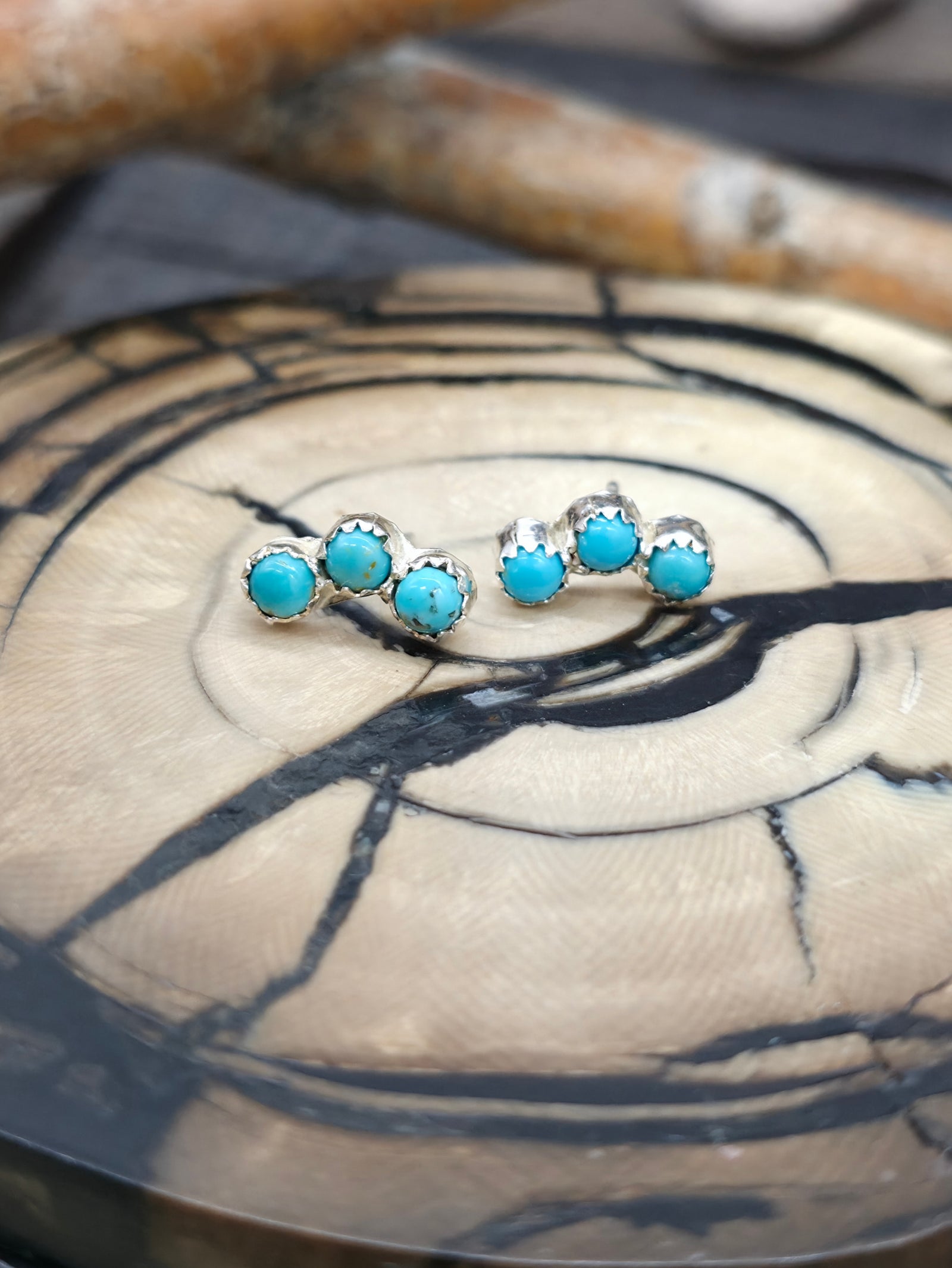 Three Stone Sterling Silver Turquoise Post Earrings - 1/2 in. by 1/4 in.