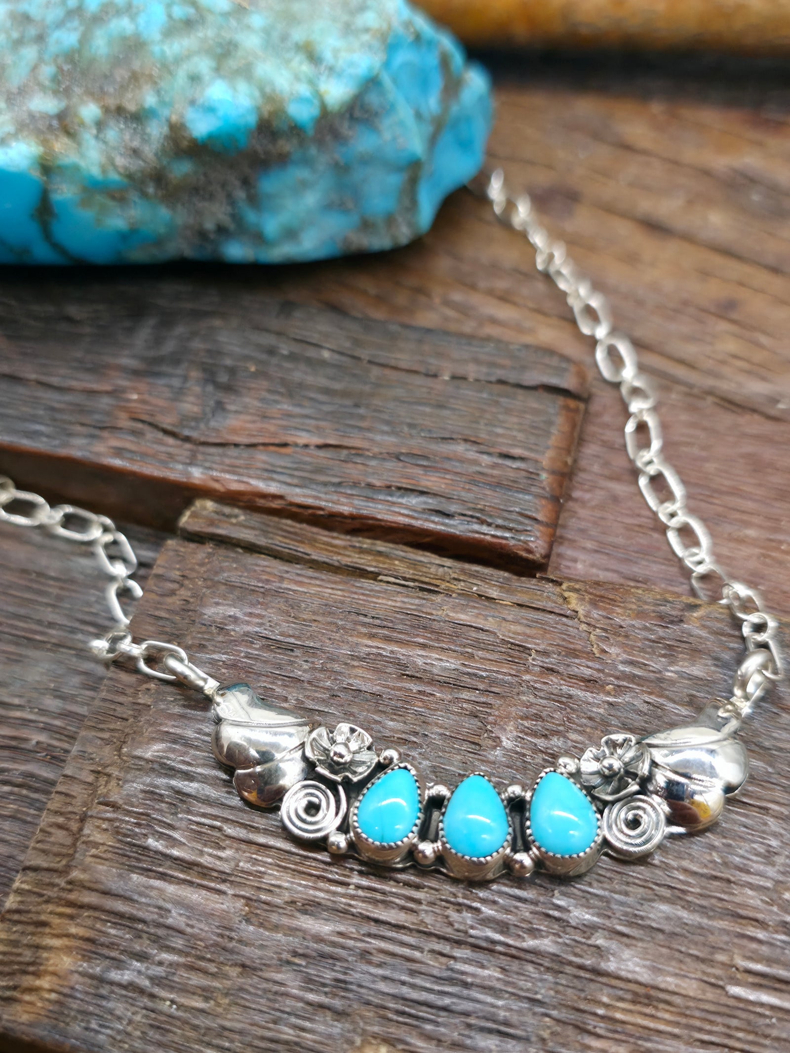 Three Stone Sterling Silver Turquoise Bar Necklace by Gwendolyn Burnside - 19 in.