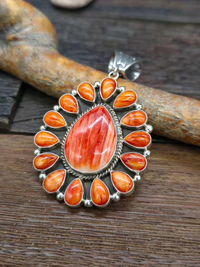 Sterling Silver Red and Orange Spiny Oyster Cluster Pendant