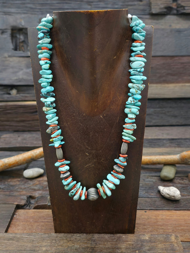 Turquoise Coral and Sterling Silver Bead Necklace by Daniel Coriz - 16 in.
