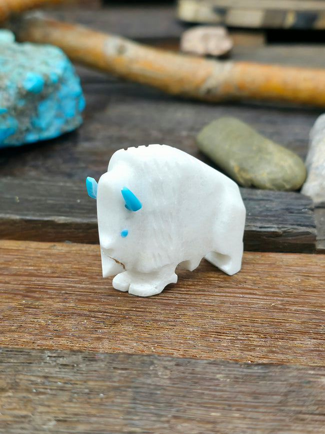 Hand Carved White Bison Fetish with Turquoise Horns by Todd Etsate