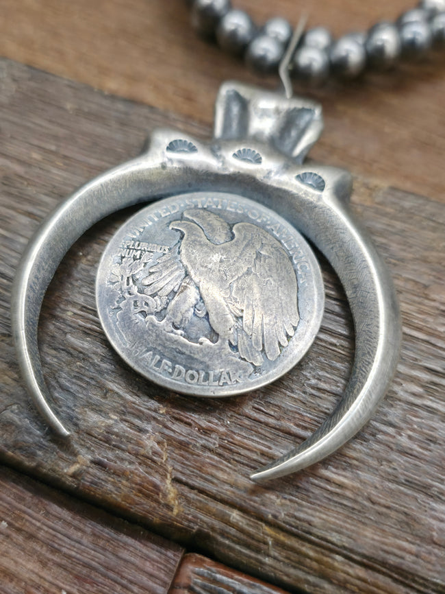 Eagle Half Dollar Coin Silver Squash Blossom Necklace - 24 in.