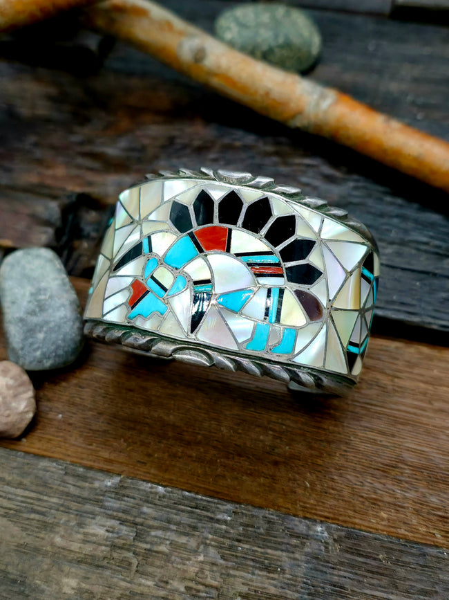 Vintage/Estate Mother of Pearl Inlay Rainbow Man Cuff - 7 in.