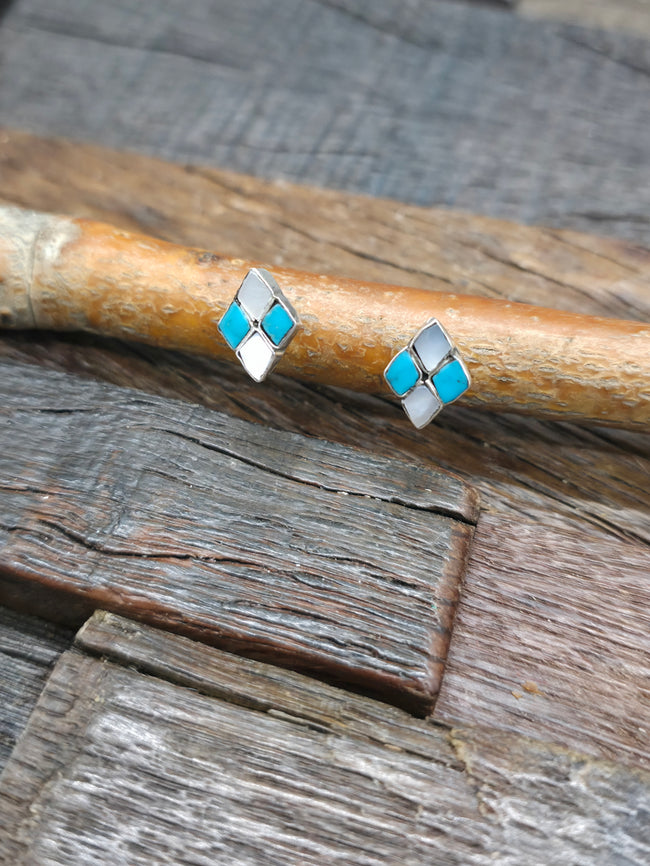 Sterling Silver Turquoise and Mother of Pearl Inlay Post Earrings - 1/2 in. by 3/8 in.
