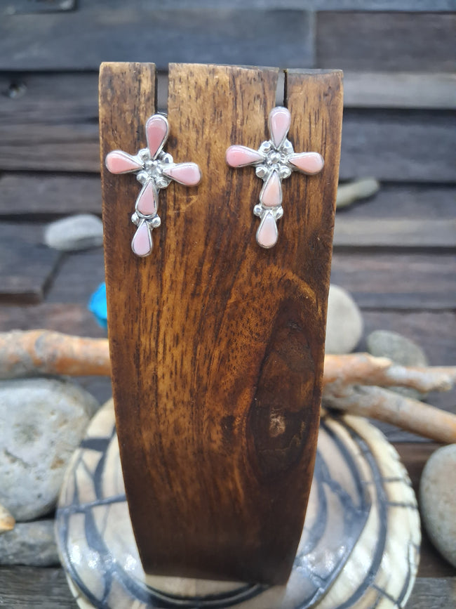Zuni Pink Conch Cross Earrings by Bryce Vacit