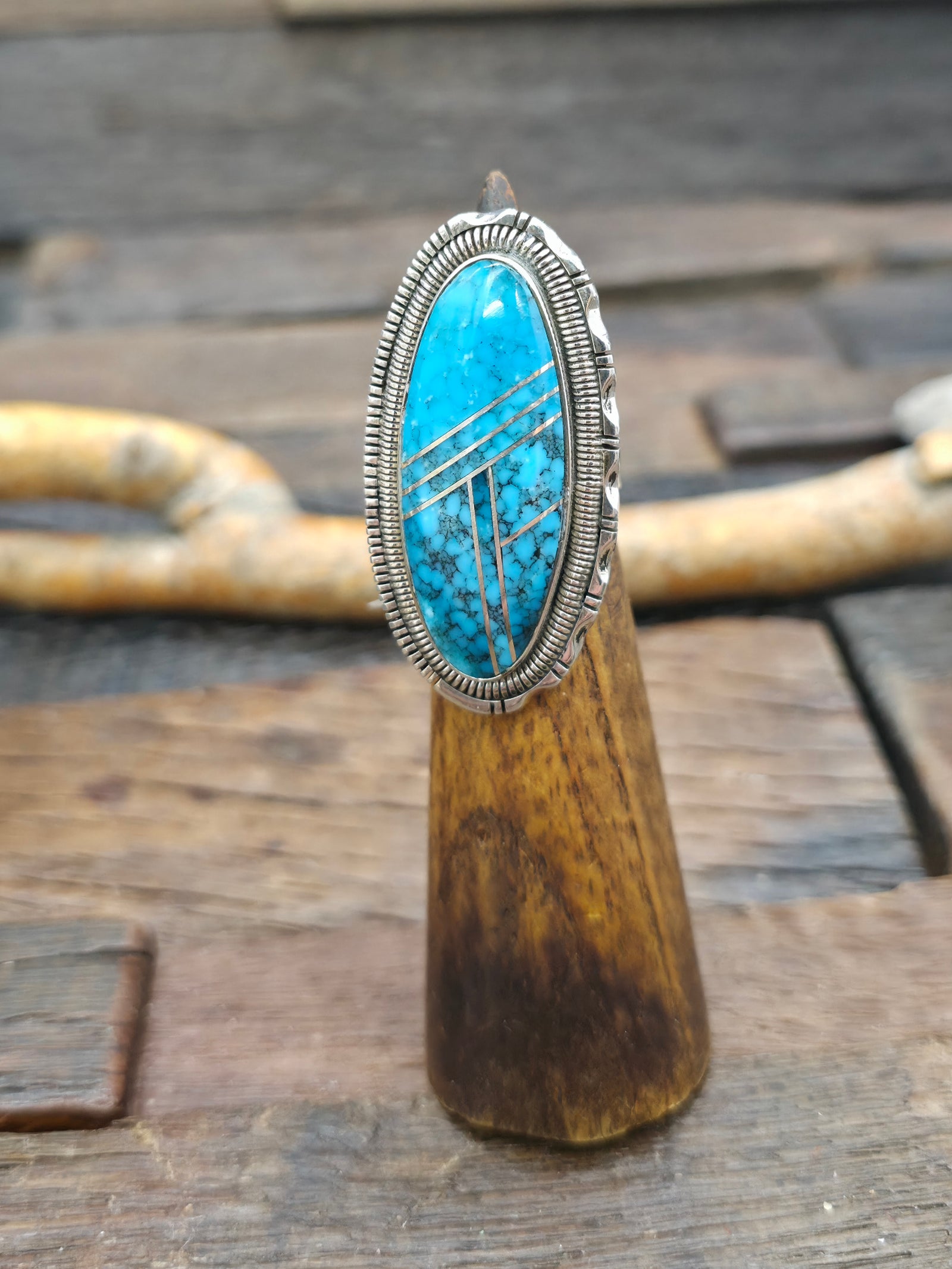 Large Sterling Silver Turquoise Inlay Statement Ring by Walter Vandever - Adjustable