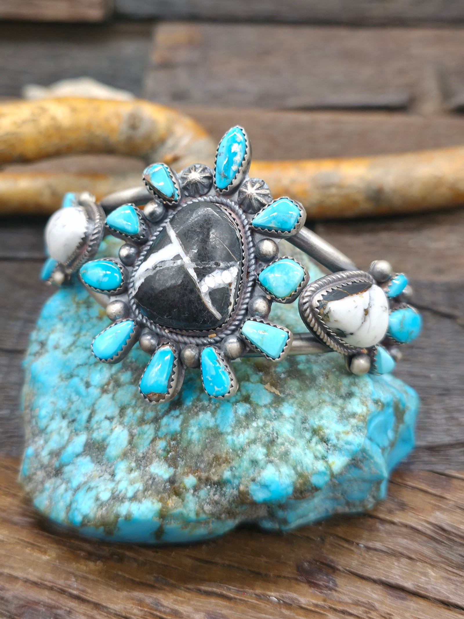 Sterling Silver White Buffalo and Blue Gem Turquoise Cuff by LaRose Ganadanegro - 6 3/4 in.