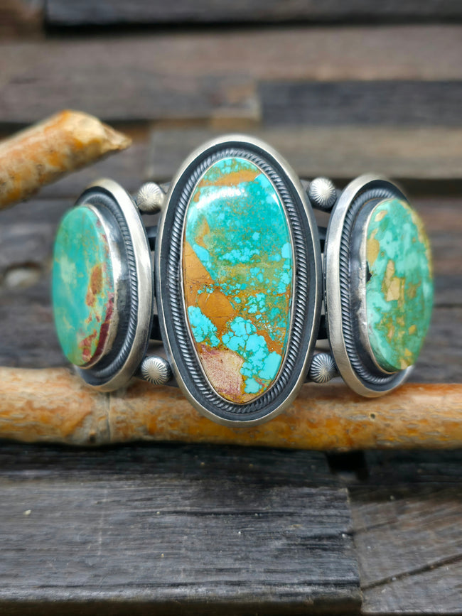 Three Stone Turquoise and Sterling Silver Cuff by Leon Martinez - 7 in.