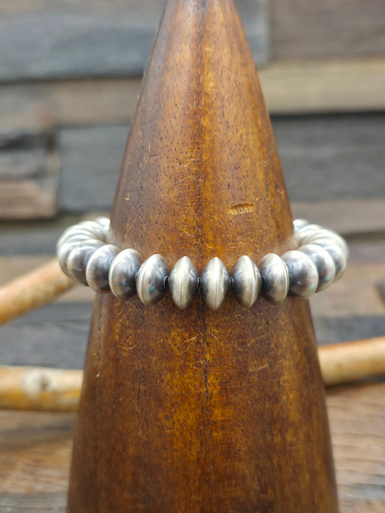 Stretch Oxidized Sterling Silver Disc Bead Bracelet by Bryannen Halwood - 6 in 10 mm