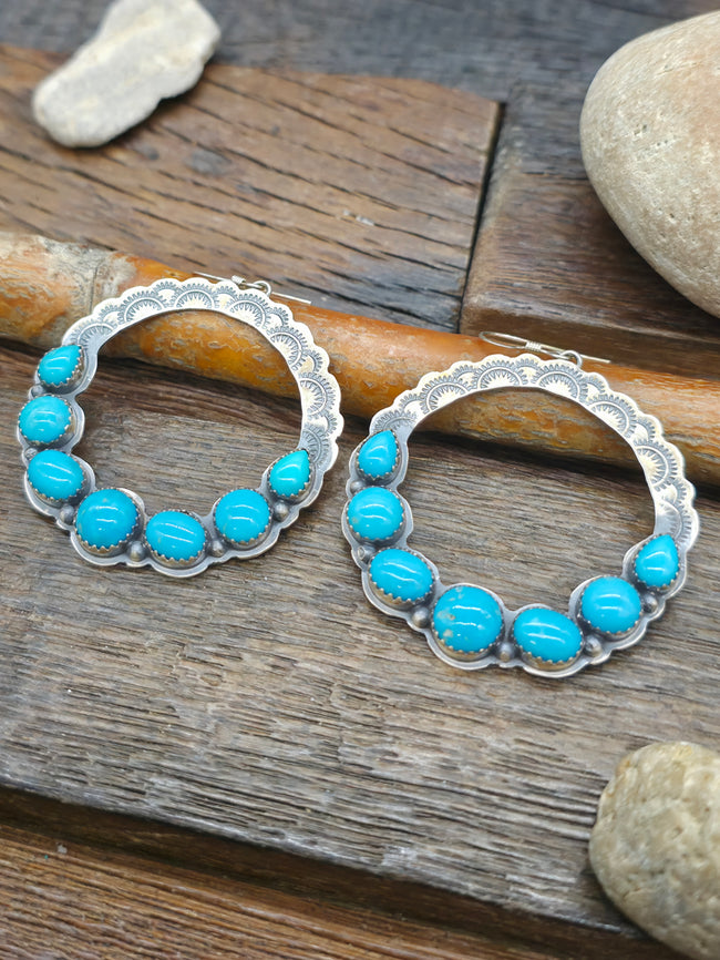 Stamped Sterling Silver Hanging Hoop Earrings by Joann Spencer - 2 1/4 in. by 2 in.
