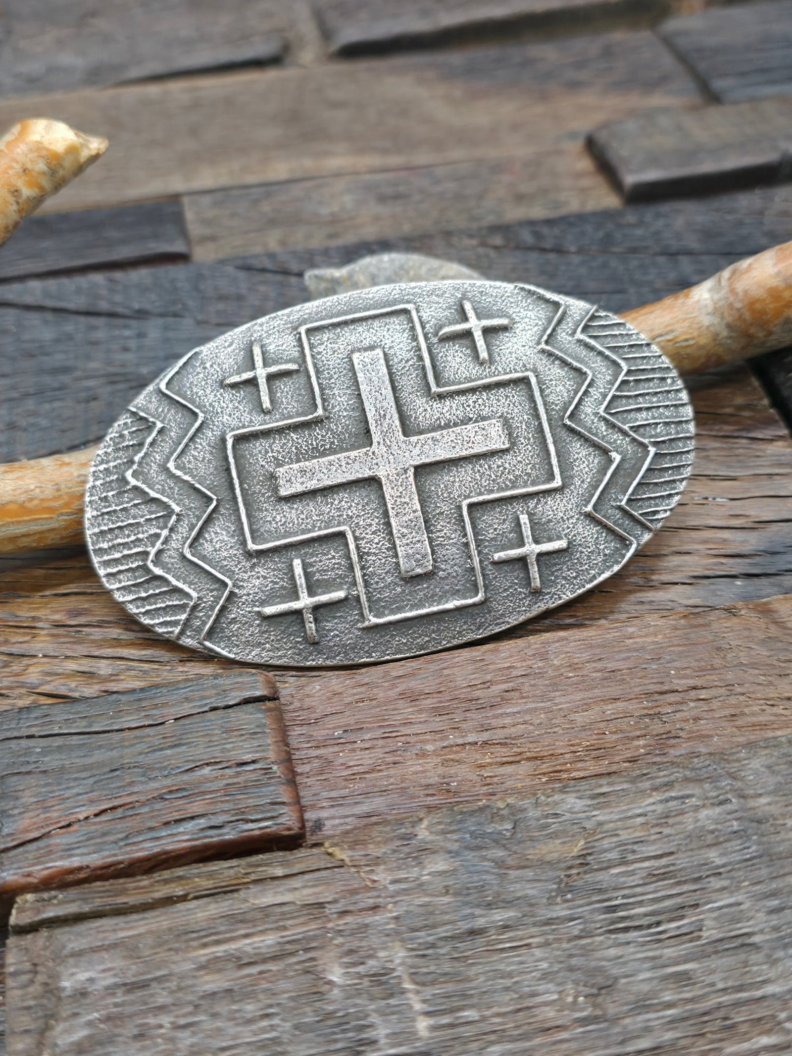 Cast Sterling Silver Santa Fe Cross Buckle by Stan Yazzie - 4 in. by 2 1/2 in.